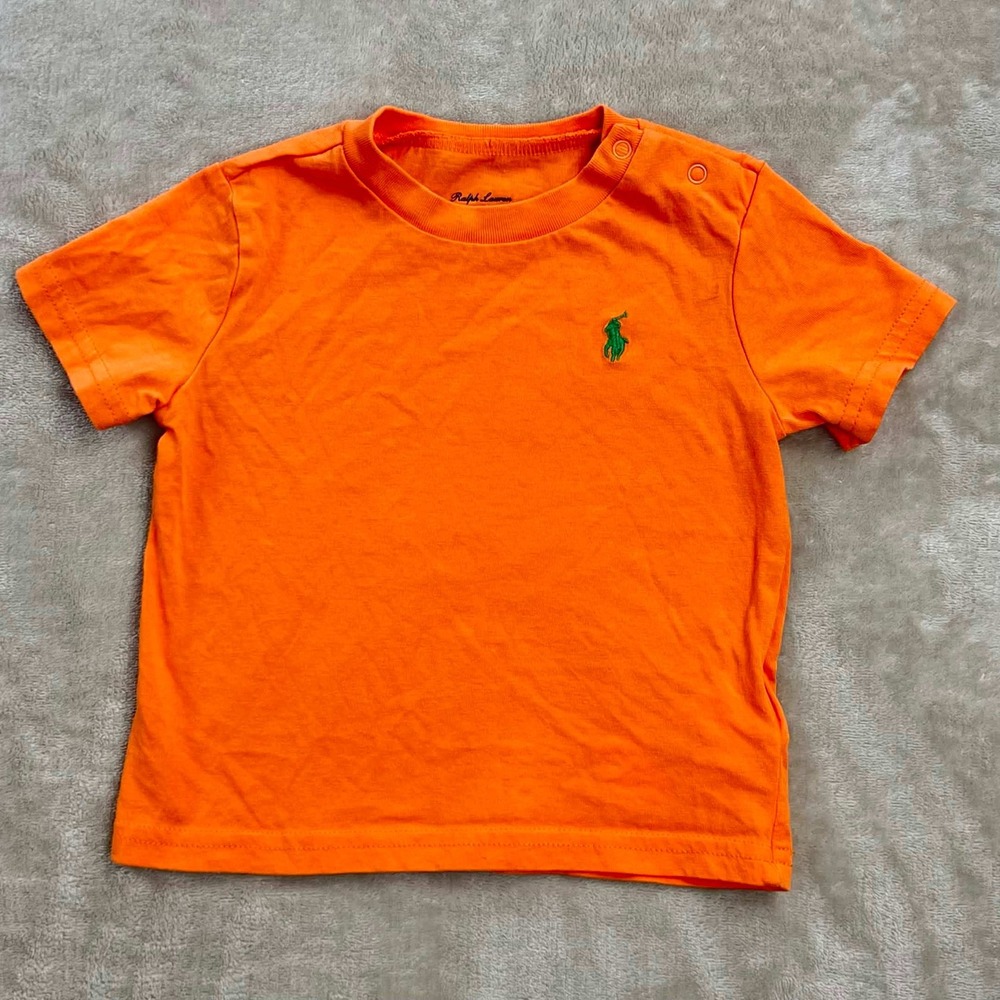 EUC Ralph Lauren Orange Cotton Short Sleeve T-Shirt Baby Boys 9M Snap Shoulder